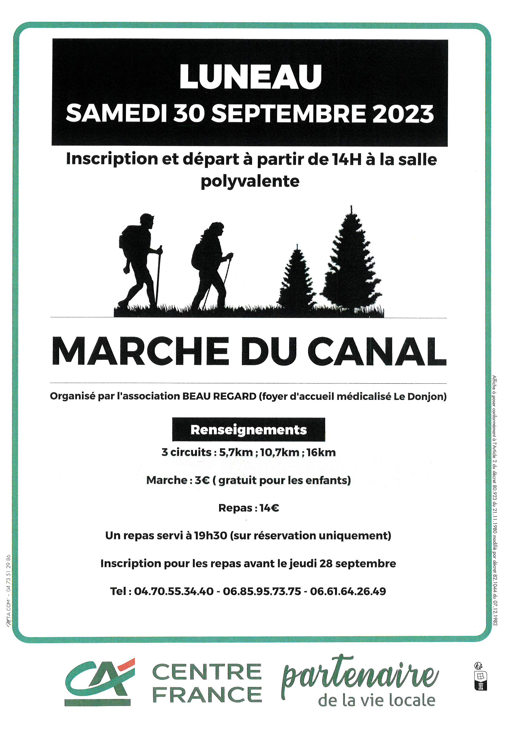 L'ASSOCIATION BEAU REGARD ORGANISE SAMEDI 30 SEPTEMBRE 2023 - MARCHE DU CANAL A 14H ET REPAS A 19H30